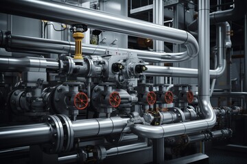 A Detailed View of a Sophisticated Hydraulic System in an Industrial Setting, Highlighting the Intricate Network of Pipes and Valves Against a Metallic Background