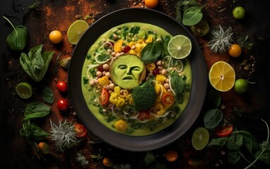 Fototapeta na wymiar Plate of Food With a Vegetable Face