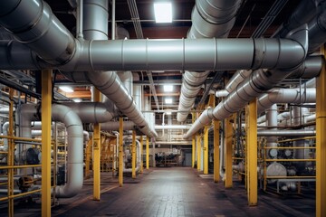 A labyrinth of air ducts in an industrial setting, with a backdrop of exposed brickwork and a web of electrical conduits - obrazy, fototapety, plakaty