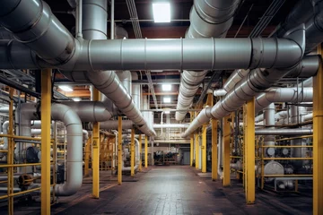 Foto op Canvas A labyrinth of air ducts in an industrial setting, with a backdrop of exposed brickwork and a web of electrical conduits © aicandy