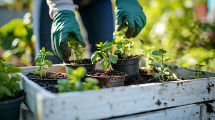 Guy gardener in garden gloves puts the pots.