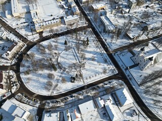 Zarasai, Lithuania - 02-08-2024: A view of the city of Zarasai from a drone flight. Zarasai during winter.