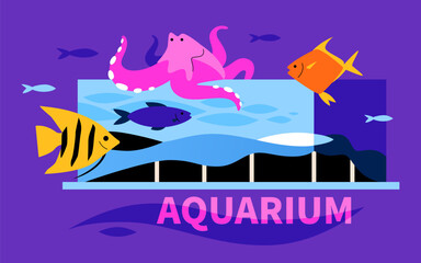 Antalya Aquarium - modern colored vector illustration with one of the largest water entertainment complexes in the world. Inspiration and useful entertainment. Octopus, small fish and marine life idea