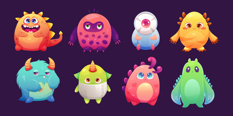 Set of cute space monsters with big eyes in gradient colors. Vector illustration, print for children about space and galaxy - obrazy, fototapety, plakaty