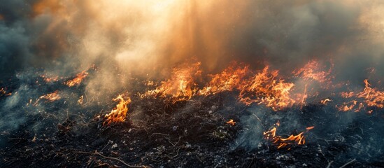 Smoking field debris with flames and smoke.