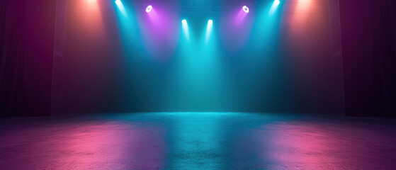 background of a stage light with bright light with the disco lights, teal and violet, - obrazy, fototapety, plakaty