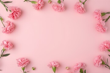 Fototapeta na wymiar Design Concept of Mother's Day Holiday Greeting With Carnation Bouquet on Pink Table Background.