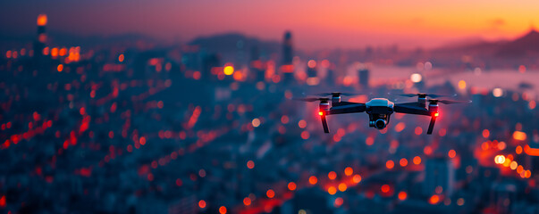 A drone hovering over the city in the evening at sunset. Technology and urban concept.