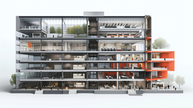 Architectural plan scheme of a Modern office building, cutaway