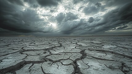 The land that is barren and cracked in the summer, with the dramatic cloudy sky the background.