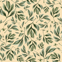 Fototapeta premium Floral watercolor seamless pattern with green peony leaves on light pink background. For design, fabric, wrapping