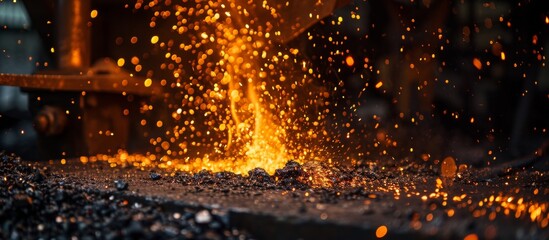 Craftsmanship is born from fire and skill in the blacksmith's realm, where a mesmerizing dance of strength and precision turns raw steel into art. - obrazy, fototapety, plakaty