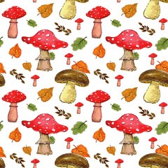 Seamless pattern. Mushrooms on a white background.