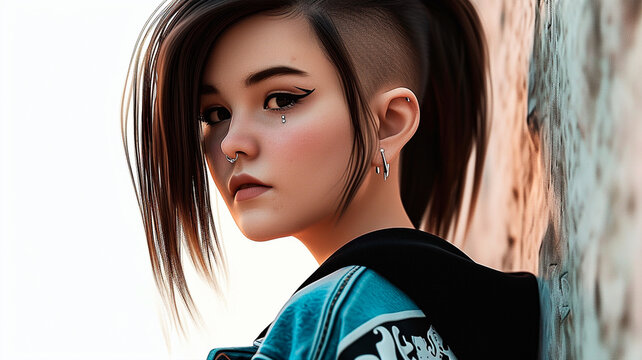 teen woman with black sidecut short hair wearing sweatsuit