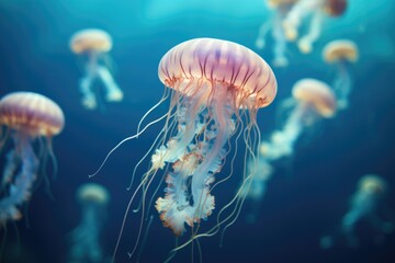 abstract colorful background of jellyfish in the ocean - obrazy, fototapety, plakaty