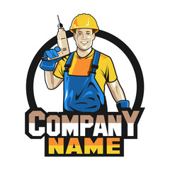 The Handyman service with drill in his hand. Vector illustration