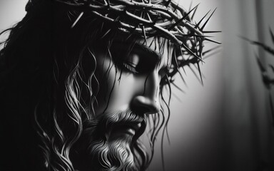 Jesus with crown of thorns with head down over dark wall