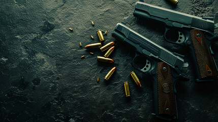 Hand guns on dark stone table top view. Ammunition - obrazy, fototapety, plakaty