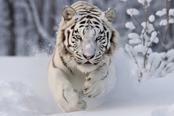 Fototapeta na wymiar a tiger running on snow in the winter