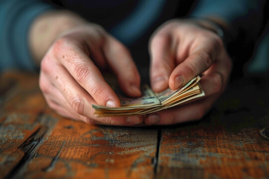 A close-up of hands counting crisp new currency notes over a dark wooden table, symbolizing wealth and transactions 
