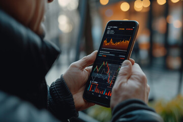 An investor reviewing their portfolio on a mobile banking app, with colorful charts showing diversified investments  - obrazy, fototapety, plakaty