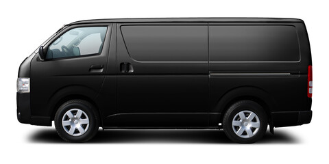 Japanese modern black cargo minibus. Side view isolated on white background.