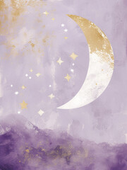 Golden crescent Moon and stars on violet sky, hand painted art work in contemporary boho style - 731004680