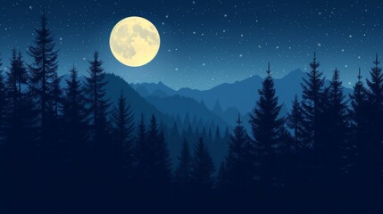 Moonlit night with silhouette of pine trees background