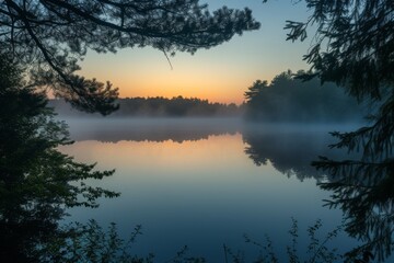 Morning mist rising from a calm lake, greeting the dawn with silence