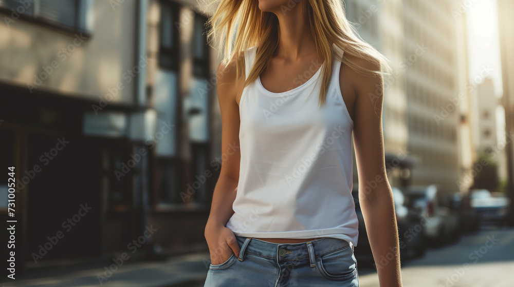 Wall mural Attractive young woman wearing blank empty white tank top mockup for design template in the city street