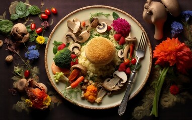 Colorful Plate of Food With Mushrooms, Broccoli, and Carrots