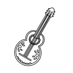 Outline Spanish guitar with Mexican, Aztec ornaments, vector illustration. Hand drawn music acoustic instrument for traditional festival. Hispanic culture musical element. Poplar folk for celebration