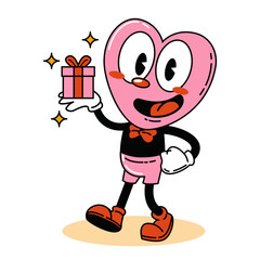 Valentine's Day. Cartoon heart in love. Funny pink heart with a gift