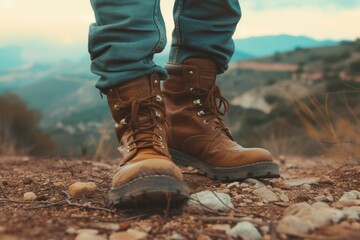 Weathered leather boots, standing on a rugged trail, adventure awaits - obrazy, fototapety, plakaty
