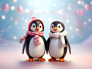 Fototapeta premium A pair of very adorable penguins standing side by side, their wings tucked in, wearing winter scarf on Valentineâ€™s Day Concept