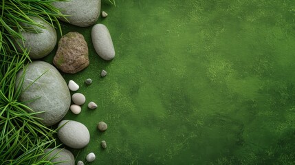 Zen garden with smooth stones and bamboo on a calming green background, symbolizing tranquility and...