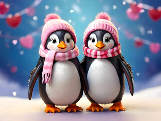 Fototapeta premium A pair of very adorable penguins standing side by side, their wings tucked in, wearing winter scarf on Valentineâ€™s Day Concept