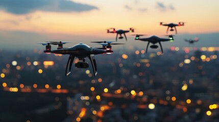 Dynamic composition showcasing the speed and precision of online delivery technology, with a fleet of autonomous drones flying in formation against a backdrop of city lights