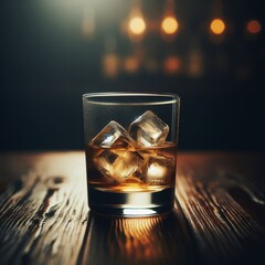 Whisky glass sitting on wooden bar, bottles blurred in background.