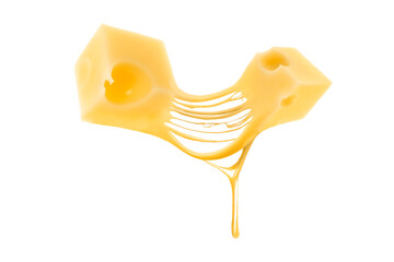 Tasty cheese stretching in air on white background