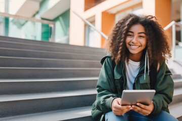 Fototapeta premium Happy young african businesswoman worker student relaxing sit on the stairs of the city