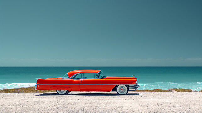 A fancy red car parked along beautiful broad beach under blue clear sky, with copy space, travel concept landscape scene