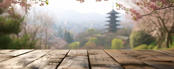Naklejka na ściany i meble Japanese house interior with view window bright Beautiful scenery, a curled,empty white wooden table with Japan Beautiful view of Japanese pagoda and old house in Kyoto, Japan, spring cherry blossoms