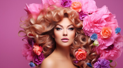 Naklejka premium Fashion Beauty Model Girl with Flowers Hair. Bride. Perfect Creative Make up and Hair Style. Hairstyle. Bouquet of Beautiful Flowers.
