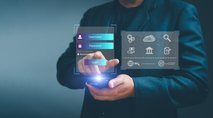 Concept Cyber security protection of privacy personal data. Businessman Thumbs up fingerprint to scan biometric authentication to connect username and password for unlock system safe crime Hacker.