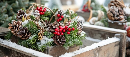 Traditional festive door decoration of snow-covered cone wreath in wooden box, available at garden center on sunny day.