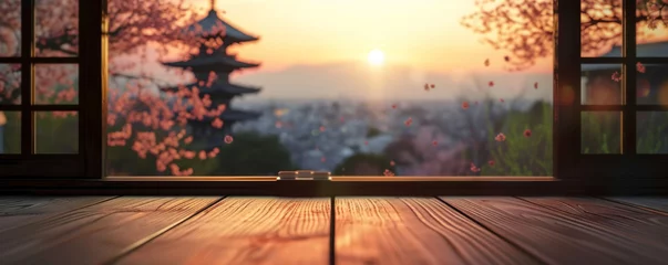 Papier Peint photo Kyoto Japanese house interior with view window bright Beautiful scenery, a curled,empty white wooden table with Japan Beautiful view of Japanese pagoda and old house in Kyoto, Japan, spring cherry blossoms