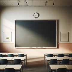 Empty blackboard sits in front of a classroom of chairs
