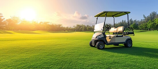Golf cart car on the fairway of a golf course with fresh green grass and a sky of clouds and trees - Powered by Adobe
