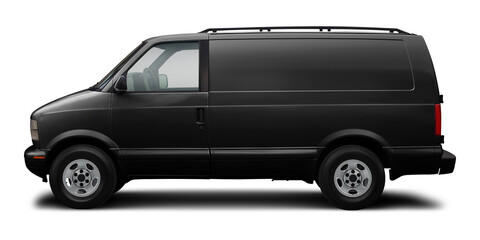 Small passenger classic minibus in black color, isolated on a white background.